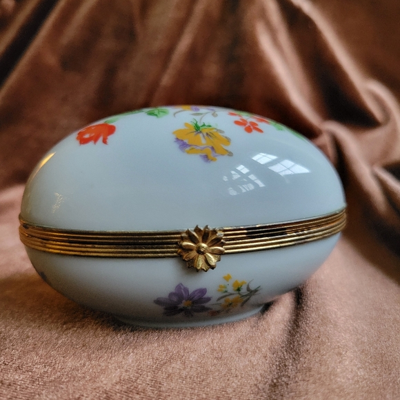 Antique Limoges Ceramic Egg Shape Trinket Box with Floral Design